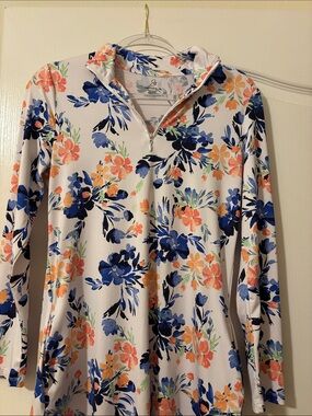 Emerald 18 White Floral Quarter-Zip Top - Blue & Coral